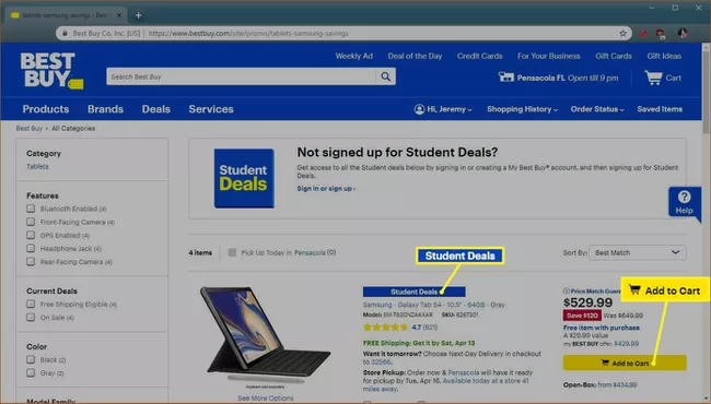 Capture d'écran des offres étudiantes de Best Buy.