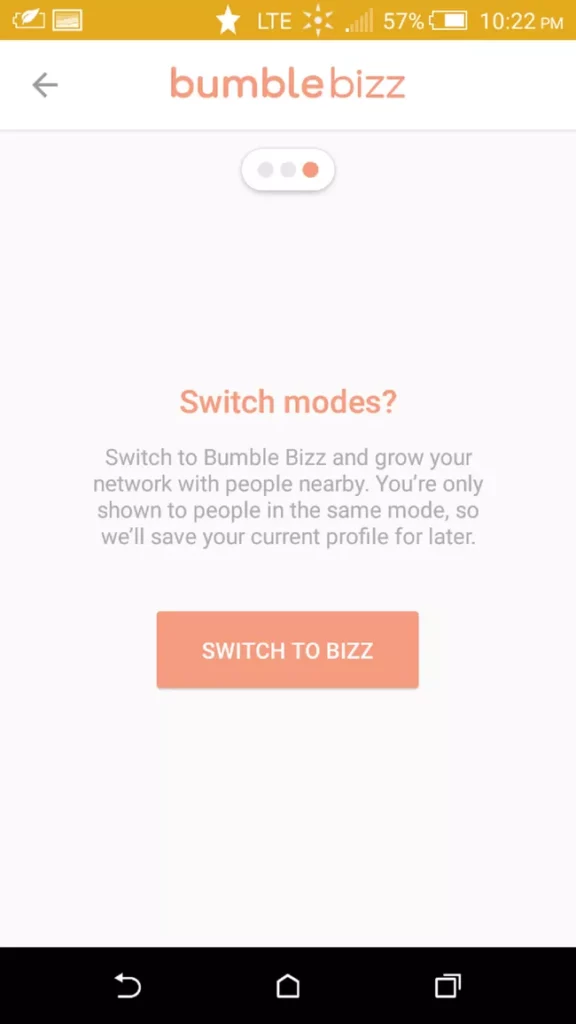 Bumble 约会应用程序和 Bumble Bizz 功能的屏幕截图，可让您从约会模式切换到职业网络模式。
