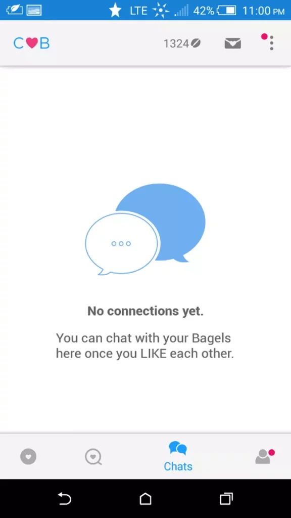 Coffee Meets Bagel 应用程序上的聊天功能的屏幕截图。 只有当你们都喜欢对方时，你才能和你的 Bagels 聊天。