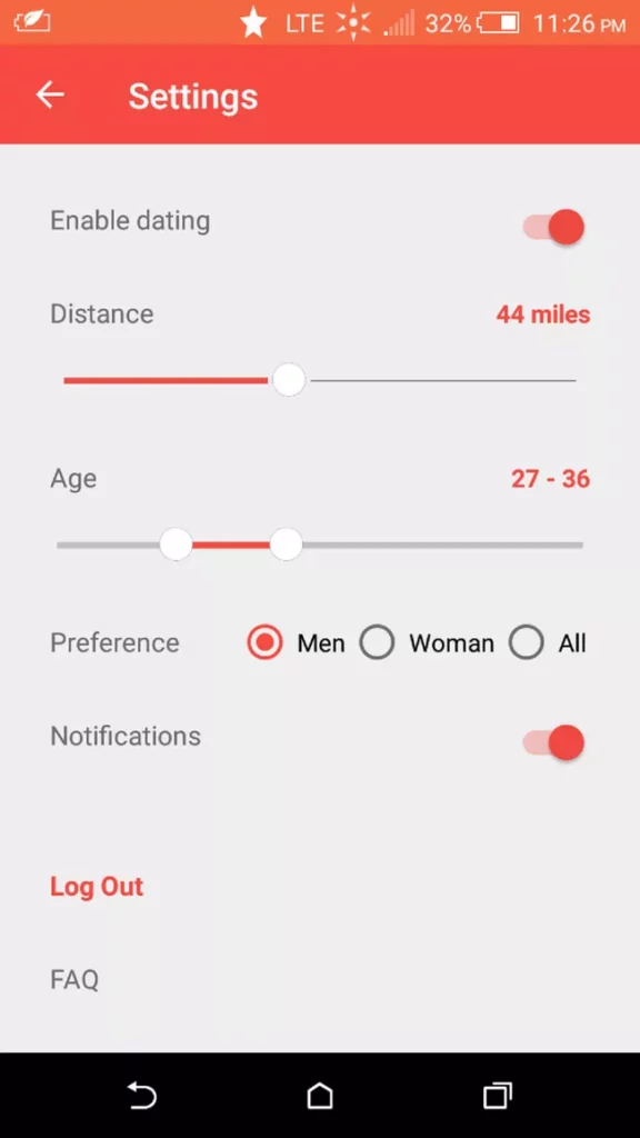 Vouch アプリの設定のスクリーンショット。ユーザーは、距離、年齢、通知設定などを変更できます。