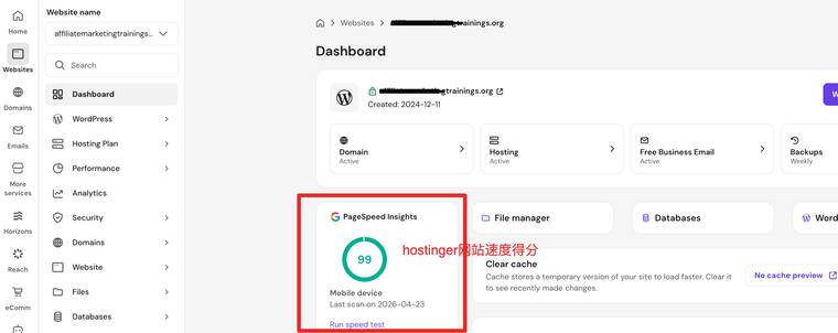 本站博主在Hostinger创建网站速度得分截图