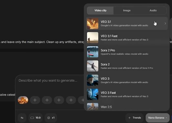 选择 Google Veo 3.1 模型